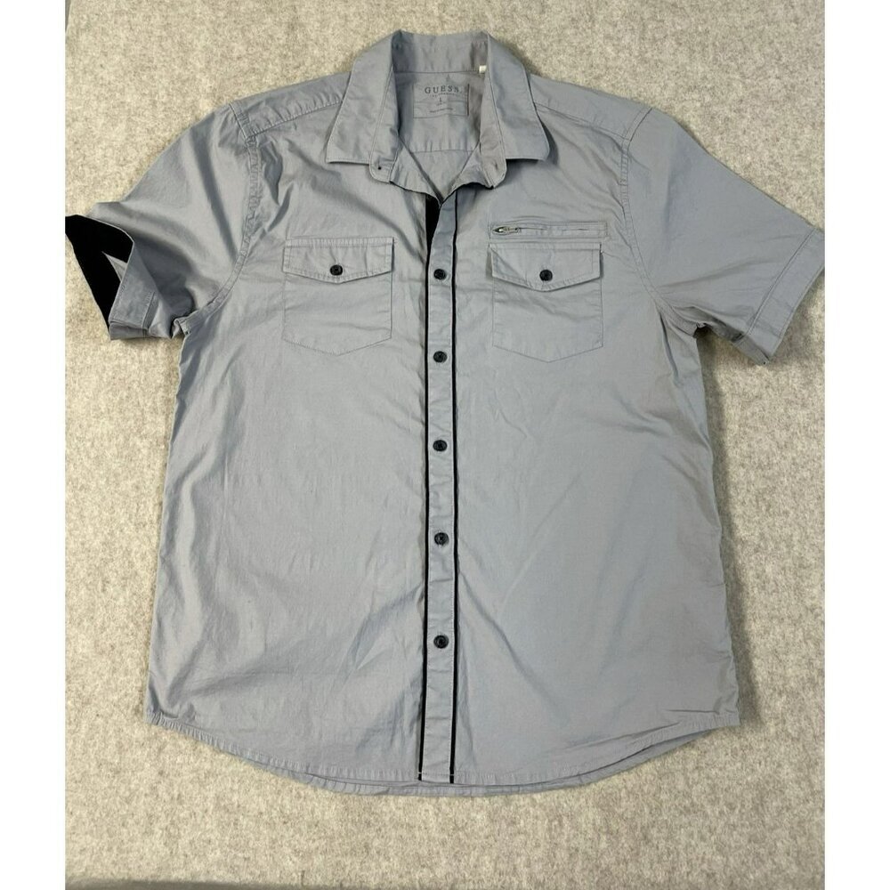 Men's Guess Los Angeles Slim Fit Button Up Short Sleeve Gray w Black - Lg Slim